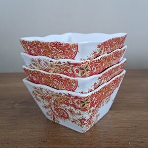 Set Of 4 Porcelain Square Bowls 222 Fifth Surya Saffron Pattern Red White Dish